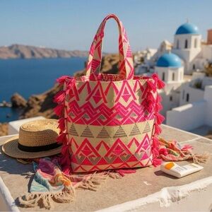 Marabelle beige/ pink geometric pattern w/ pink fringe Tote